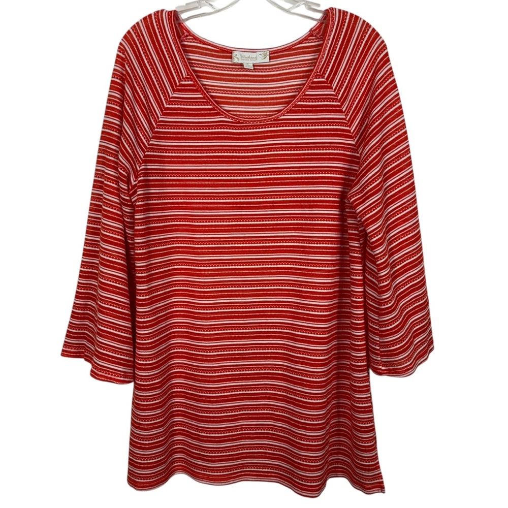 Weekend Suzanne Betro Orange White Knit Bell Sleeve Top XL Casual Vacation